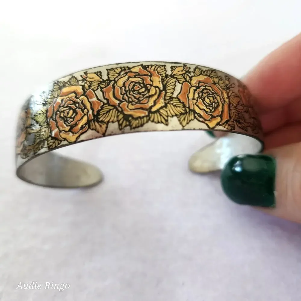 Reed & Barton Damascene Rose Cuff Bracelet Gold Tone Floral Vintage - Picture 7 of 9